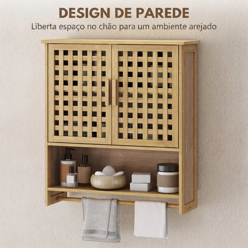 HOMCOM Armário de Casa de Banho de Parede em Bambu com 2 Portas Ripadas, Prateleira Aberta e Ajustável Natural