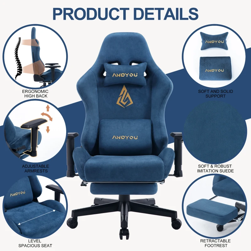 Sedia da gaming con poggiapiedi, in similpelle scamosciata traspirante, regolabile in altezza con pistone a gas, girevole, 70x70x135 cm, Blu