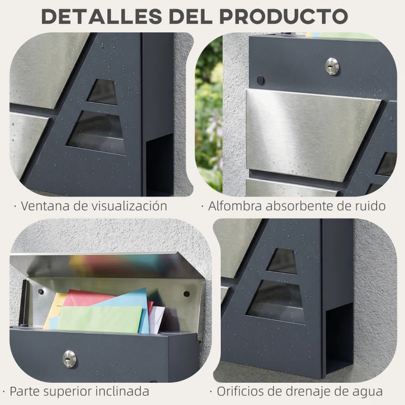 HOMCOM Buzón Exterior de Acero Inoxidable 13 L Buzón de Pared Correo con Cerradura y 2 Llaves Soporte Periódicos Gris Oscuro