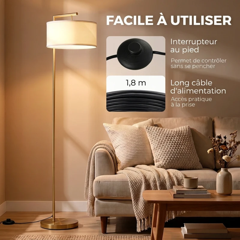 HOMCOM Lampadaire lampe à pied abat-jour en tissu de lin base ronde stable pour salle bureau or et blanc