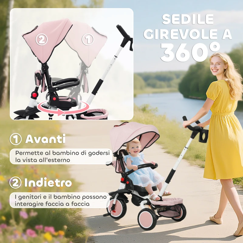 AIYAPLAY Triciclo per Bambini 6 in 1 con Maniglione di Spinta e Sedile Girevole, 111.5x52x98 cm, Rosa
