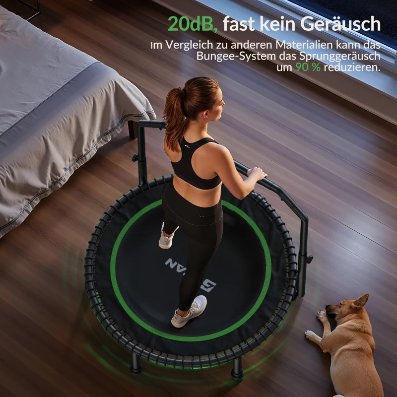 Rebounder-Trampolino per adulti, pieghevole, maniglione regolabile, pedane antiscivolo, 102x102x106 cm, Nero+Verde