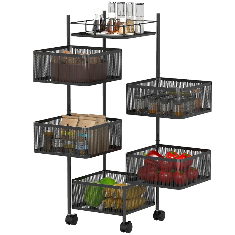 HOMCOM keukenwagen, 5 draaibare manden, 4 zwenkwielen, metalen frame, zwart