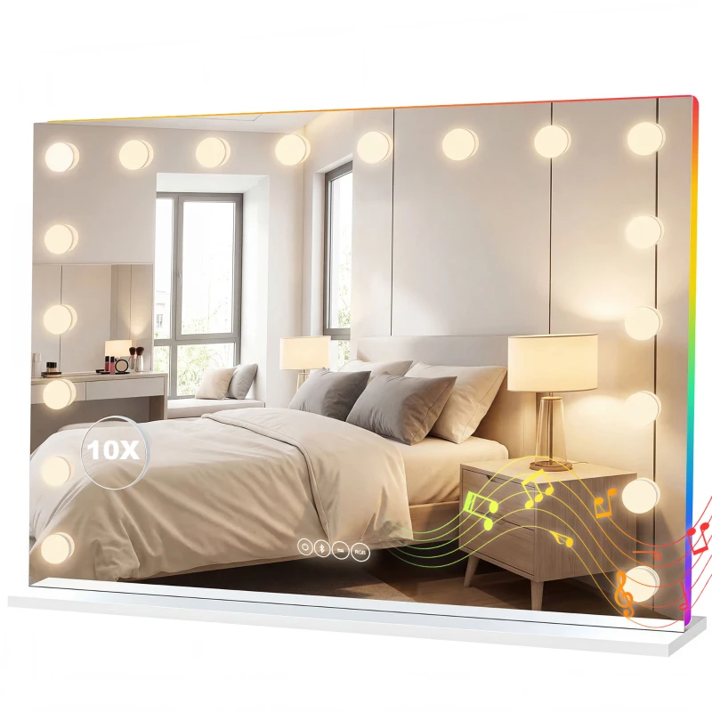 HOMCOM Hollywood Make-up Spiegel met 18 dimbare LED-lampen, 3 kleuren, RGB-verlichting, Bluetooth-luidspreker, 10x Vergroting Wit