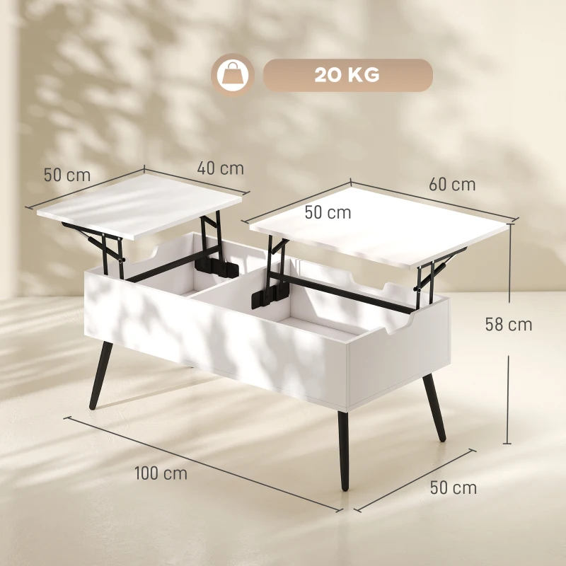 HOMCOM Couchtisch Höhenverstellbar Wohnzimmertisch mit Verstecktem Stauraum für Wohnzimmer, 50 x 100 cm, Weiß