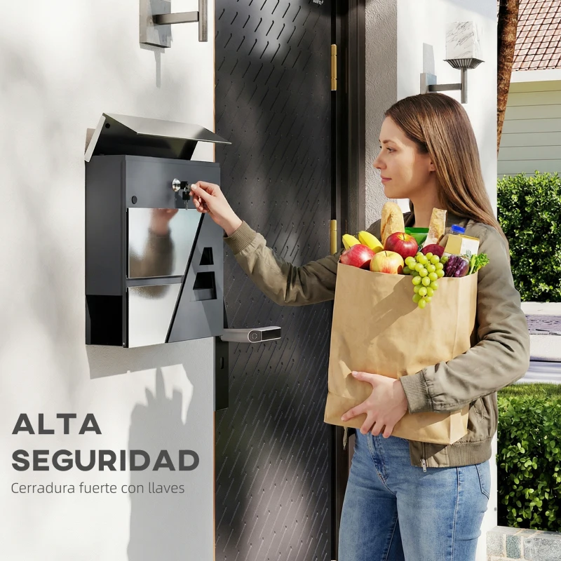 HOMCOM Buzón Exterior de Acero Inoxidable 13 L Buzón de Pared Correo con Cerradura y 2 Llaves Soporte Periódicos Gris Oscuro