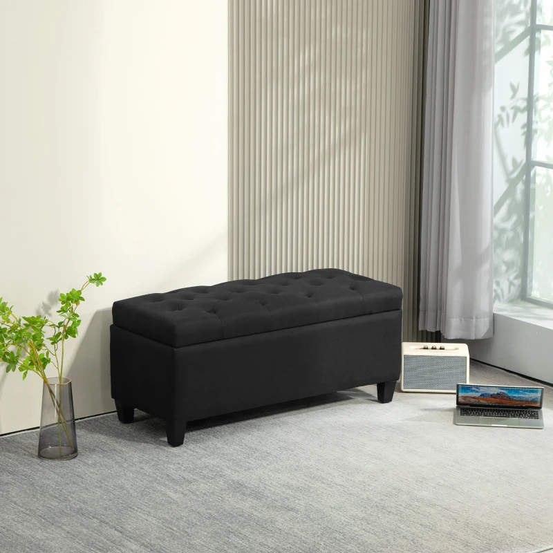 HOMCOM Zitbank met Opbergruimte, Halbank, Linnenachtig Polyester, Rubberhout, Zwart, 100 x 40 x 44 cm(m-2)