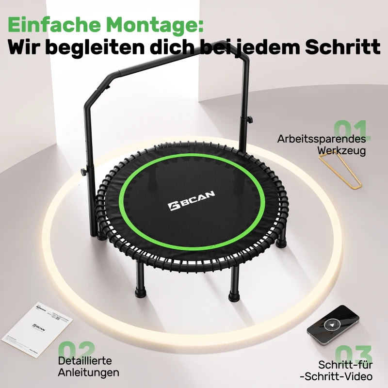 Rebounder-Trampolino per adulti, pieghevole, maniglione regolabile, pedane antiscivolo, 102x102x106 cm, Nero+Verde