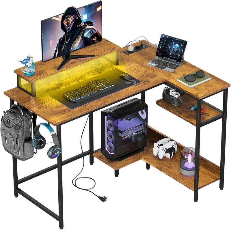 Bureau d'angle gaming en L, construction métal-bois robuste, gain de place, 111x80x87,5 cm, Brun