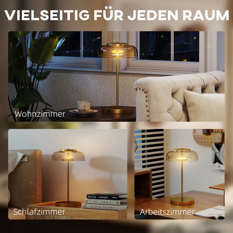 HOMCOM Tafellamp Tafelverlichting met warm LED-licht, metalen voet, amberkleurige glazen kap, Ø23 x 40H cm, Goud