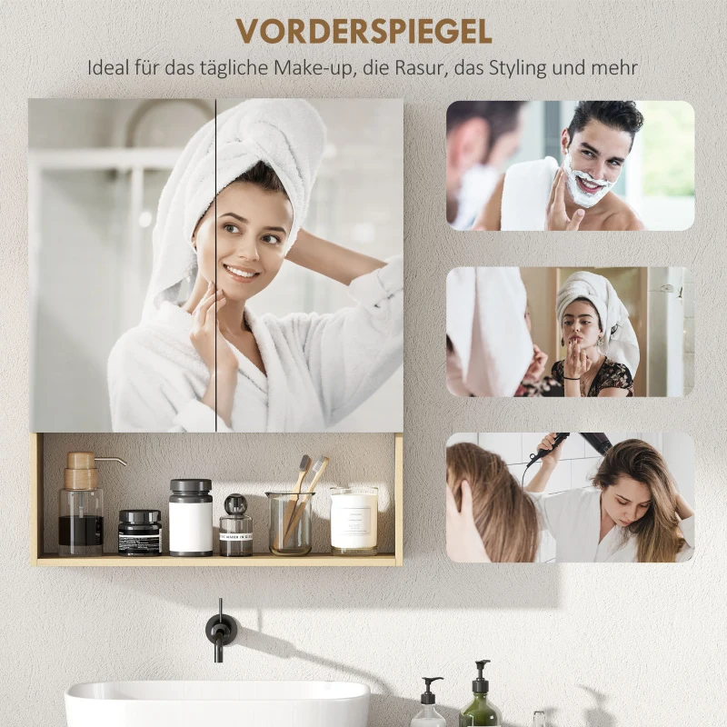 HOMCOM badkamerkast, spiegeldeuren, open rek, wandmontage, MDF, spaanplaat, eiken