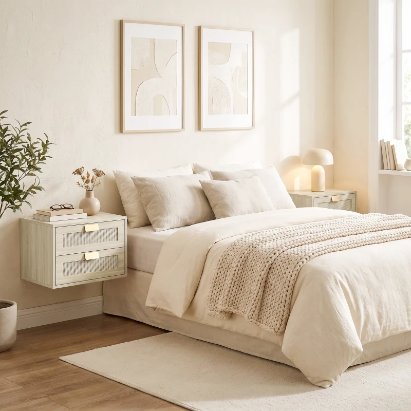 HOMCOM Juego de 2 Mesitas de Noche Flotantes con 2 Cajones con Frente de Ratán Natural para Dormitorio 40x30x27,6 cm Roble