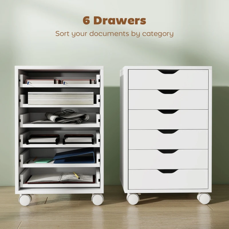 HOMCOM 6 Drawer Vertical File Cabinet, Mobile Filing Cabinet with Quiet Drawers and Wheels with 2 Brakes, White