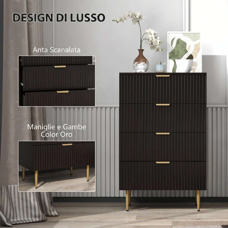 HOMCOM Cassettiera da 4 Cassetti Moderna, Comò con Maniglie Dorate e Dispositivo Antiribaltamento, 60x40x96 cm, Nero