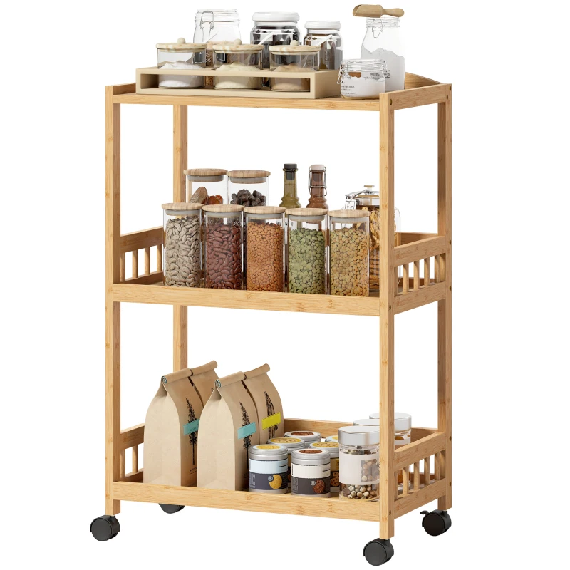 HOMCOM Keukenwagen met 3 niveaus, Serveerwagen met opbergruimte, Keukenrek op wielen, voor keuken, badkamer, kantoor, Natuurlijk hout