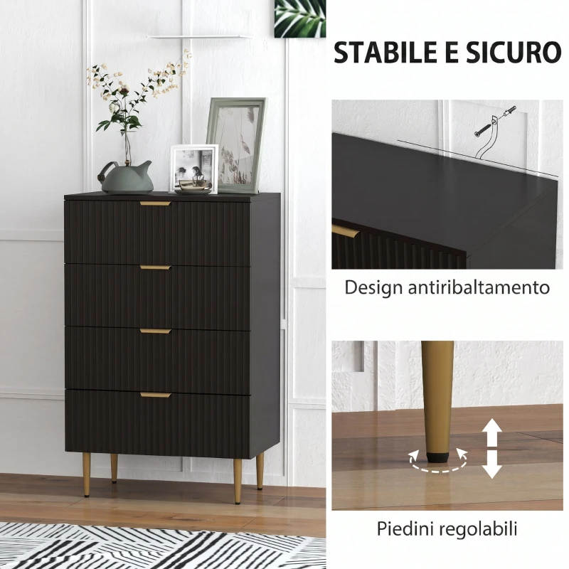 HOMCOM Cassettiera da 4 Cassetti Moderna, Comò con Maniglie Dorate e Dispositivo Antiribaltamento, 60x40x96 cm, Nero