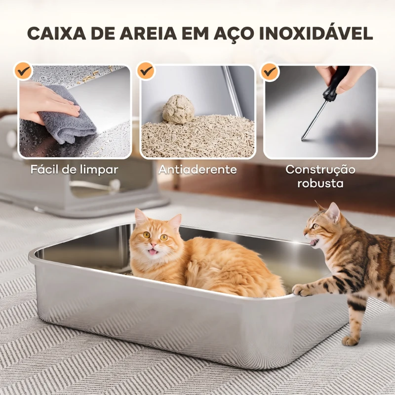 PawHut Caixa de Areia para Gatos em Aço Inoxidável para Gatos Grandes com Tampa Basculante Laterais Altas 70x50x46,5 cm Cinzento