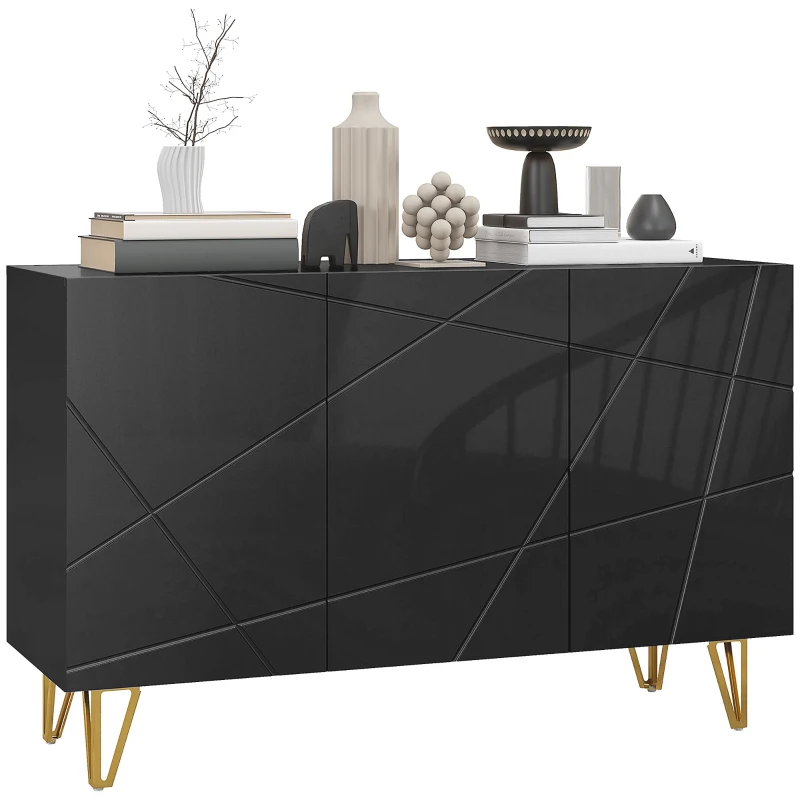 HOMCOM Sideboard Wohnzimmer, Hochglanz-Aufbewahrungsschrank, 3 Soft-Close-Türen und verstellbare Einlegeböden, 120x40x75cm, Schwarz