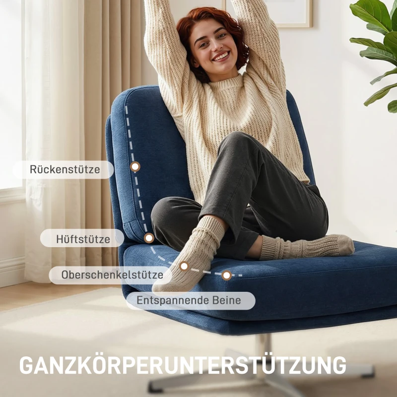 HOMCOM Draaibare Accentstoel, Gestoffeerde Leesstoel met Chenille, Brede Zitting, Verenbekleding en Metalen Poten, Donkerblauw