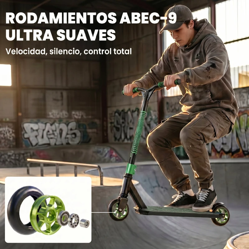 SPORTNOW Scooter Acrobático para Trucos Patinete Freestyle con Rodamientos ABEC-9 Ruedas 120 mm Giro 360° para Skatepark Verde