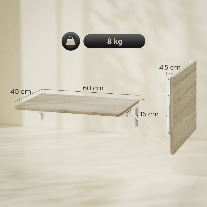 HOMCOM Wandklaptafel, 60x40 cm Klaptafel, Ruimtebesparend Zwevend Bureau met afgeronde hoeken, voor Homeoffice, Woonkamer, Slaapkamer, Keuken, Eiken