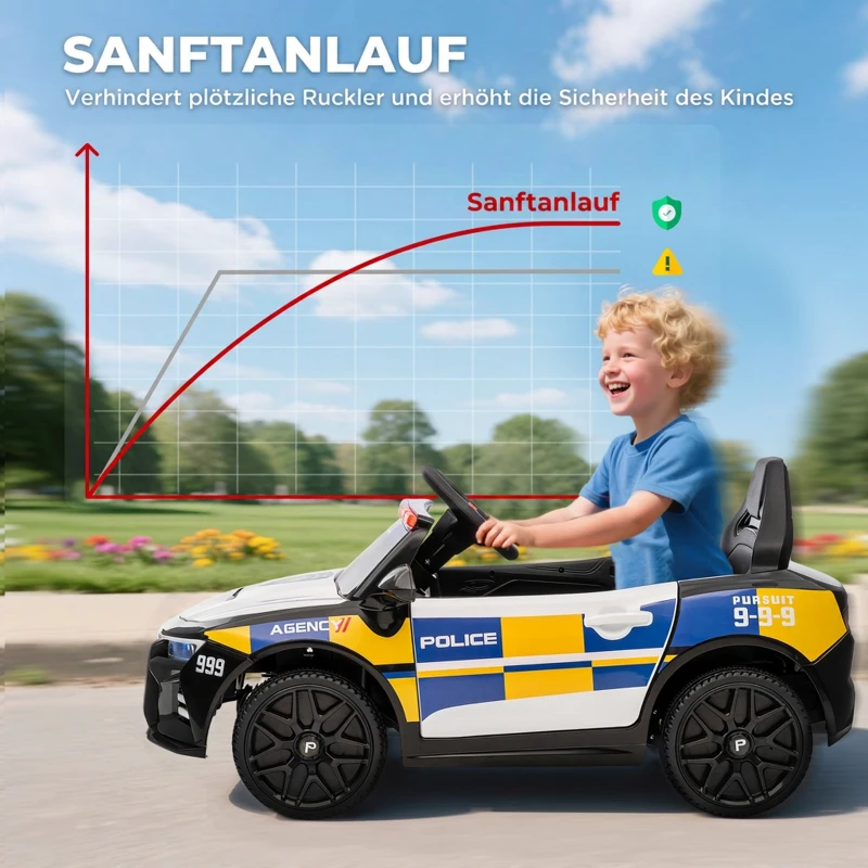 AIYAPLAY 12V Kinder Elektroauto Polizei Polizeiauto mit Fernbedienung Sirene Warnlicht Musik & Hupe Doppelmotoren Federung Weiß