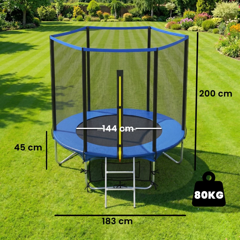 SPORTNOW Cama Elástica Exterior Ø183 cm Trampolín para Niños de +6 Años Adultos con Red de Seguridad Escalera de 2 Peldaños Azul