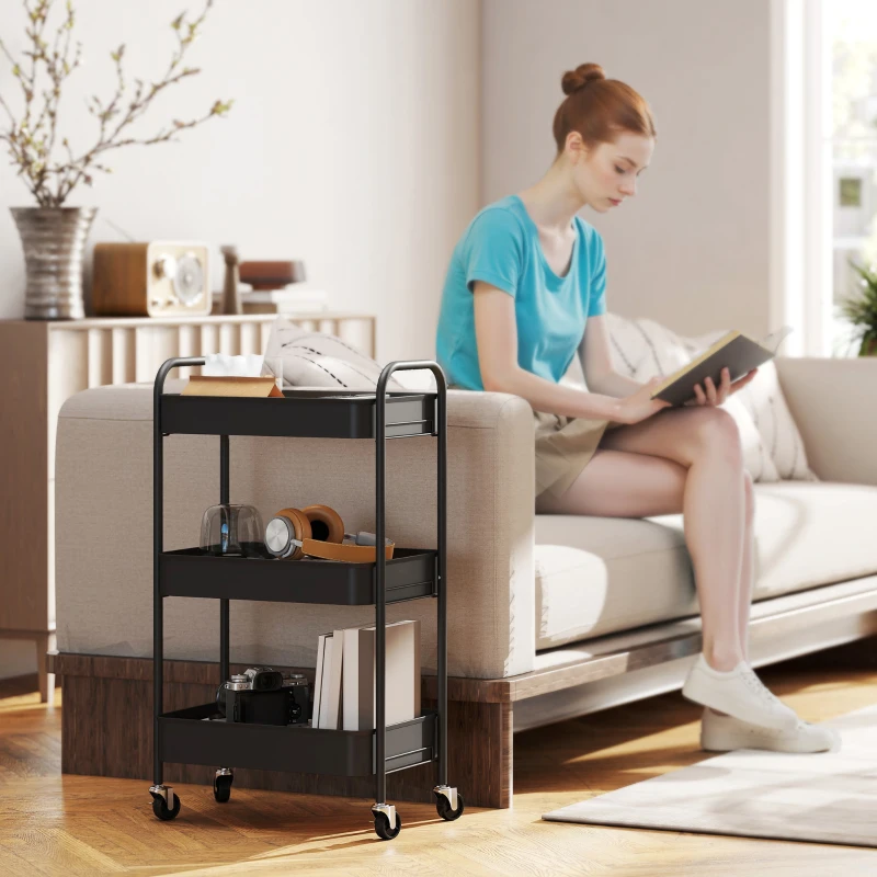 HOMCOM Multifunctionele wagen Rollwagen Keukenwagen, 3 planken, 4 wielen, 45 cm x 30,6 cm x 79 cm, zwart