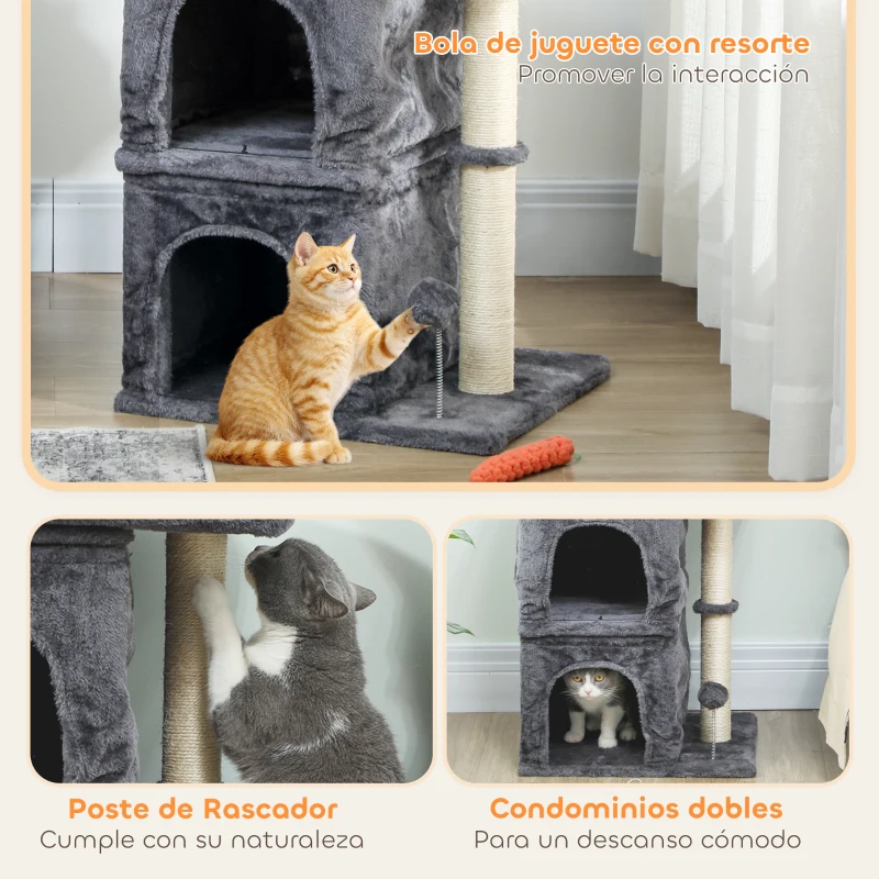 PawHut Árbol Rascador para Gatos Árbol para Gatos 66 cm con Cama 2 Cuevas Poste de Sisal Bola para Jugar Gris Oscuro