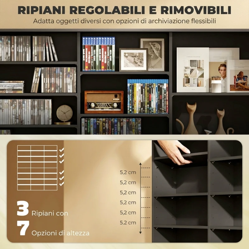 HOMCOM Mobile Porta CD a 8 Livelli con 18 Ripiani Regolabili, 1032 CD/594 DVD/Blu-ray Salvaspazio, con 24 Scomparti, 145x24x126.3 cm, Nero