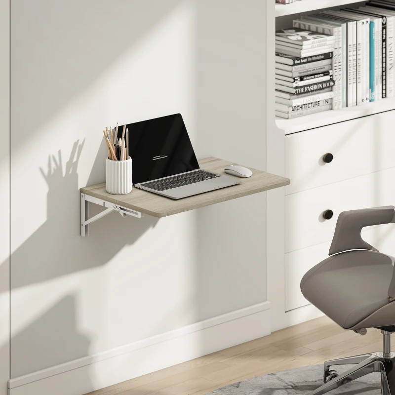HOMCOM Wandklaptafel, 60x40 cm Klaptafel, Ruimtebesparend Zwevend Bureau met afgeronde hoeken, voor Homeoffice, Woonkamer, Slaapkamer, Keuken, Eiken