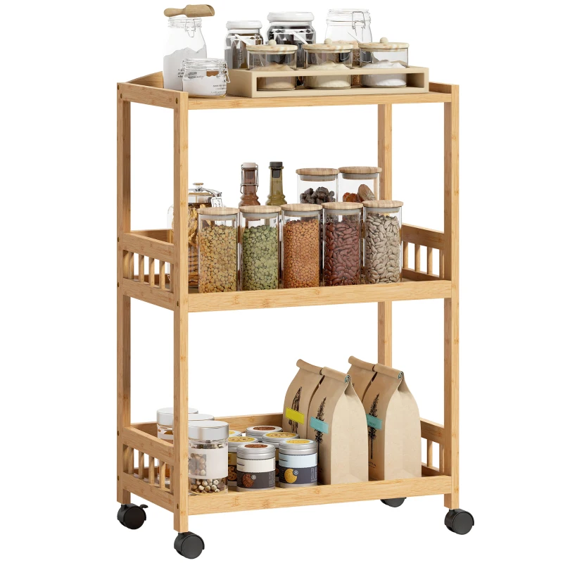 HOMCOM Keukenwagen met 3 niveaus, Serveerwagen met opbergruimte, Keukenrek op wielen, voor keuken, badkamer, kantoor, Natuurlijk hout