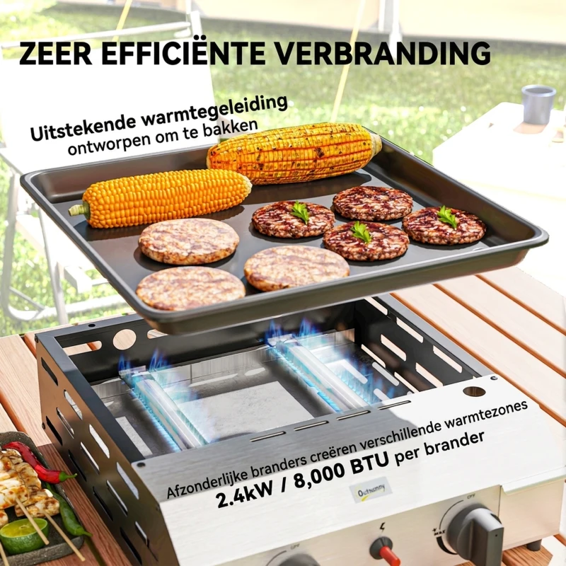 Outsunny Gasbarbecue 8000BTU/2,4 KW Grillwagen incl. 2 Roestvrij Stalen Branders, Drukregelaar 44 x 44,5 x 19 cm Zilver+Zwart
