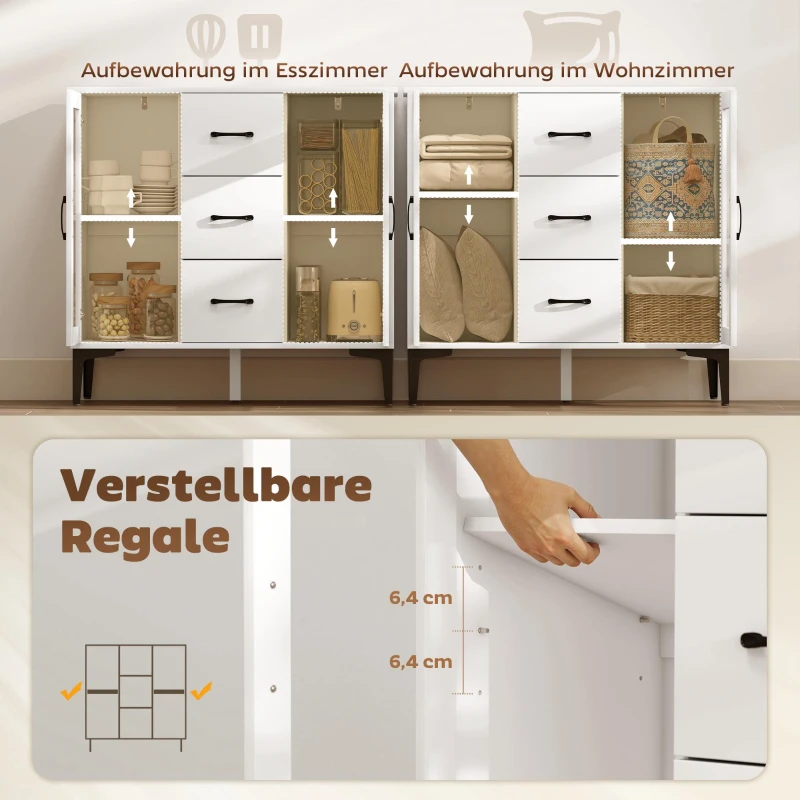 HOMCOM Modern sideboard met soft-close deuren, buffetkast met 3 lades, 2 glazen deuren, verstelbare planken, MDF, wit