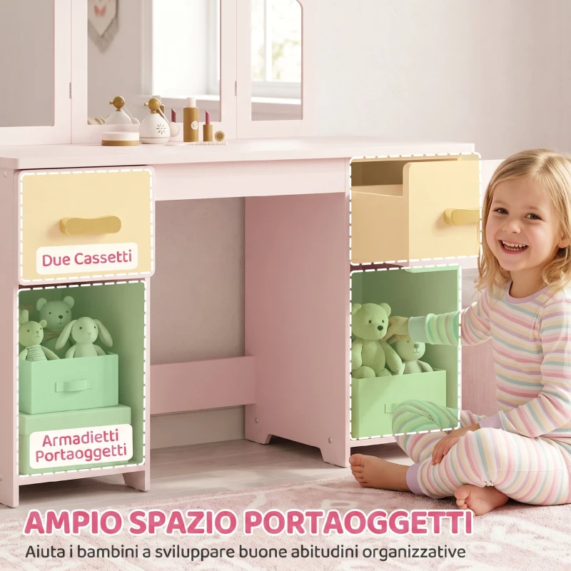 AIYAPLAY Toeletta per Bambini con Sgabello, Specchi, Cassetti e Armadietti in Legno, Età 3+ Anni, Rosa