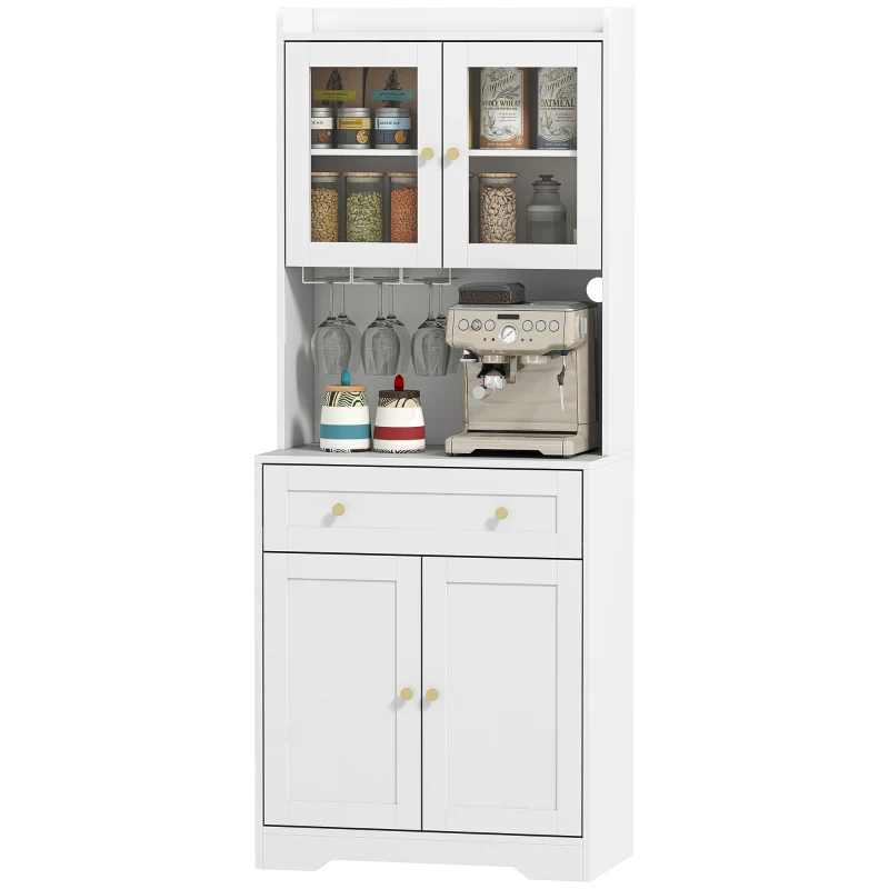HOMCOM Keukenkast met werkblad, wijnglashouder, voorraadkast voor keuken, eetkamer, 170 cm, MDF, glas, wit(m-10)