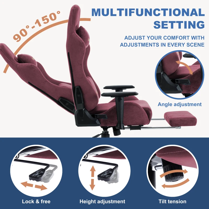 Chaise gaming avec repose-pieds, en similicuir respirant, réglable en hauteur avec vérin à gaz, pivotante, 70x70x135 cm, rouge