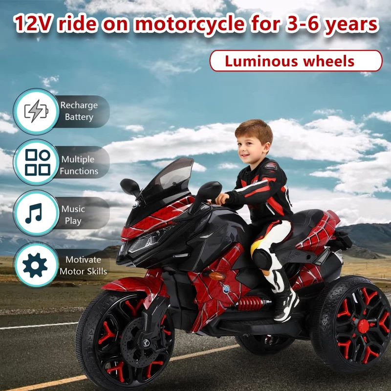 Moto elettrica per bambini 3‑ruote, con musica Bluetooth, avviamento a chiave e vano portaoggetti, 115x59x73 cm, Rosso