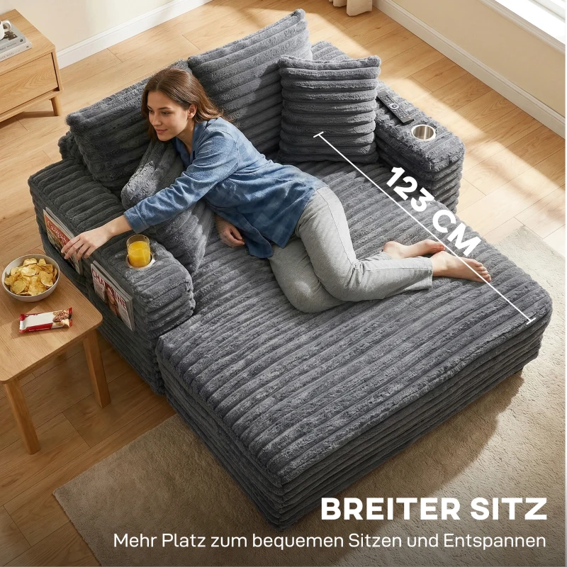 HOMCOM Chaiselongue 2-zits grote slaapbank 134 x 151 cm met bekerhouder voor woonkamer, grijs