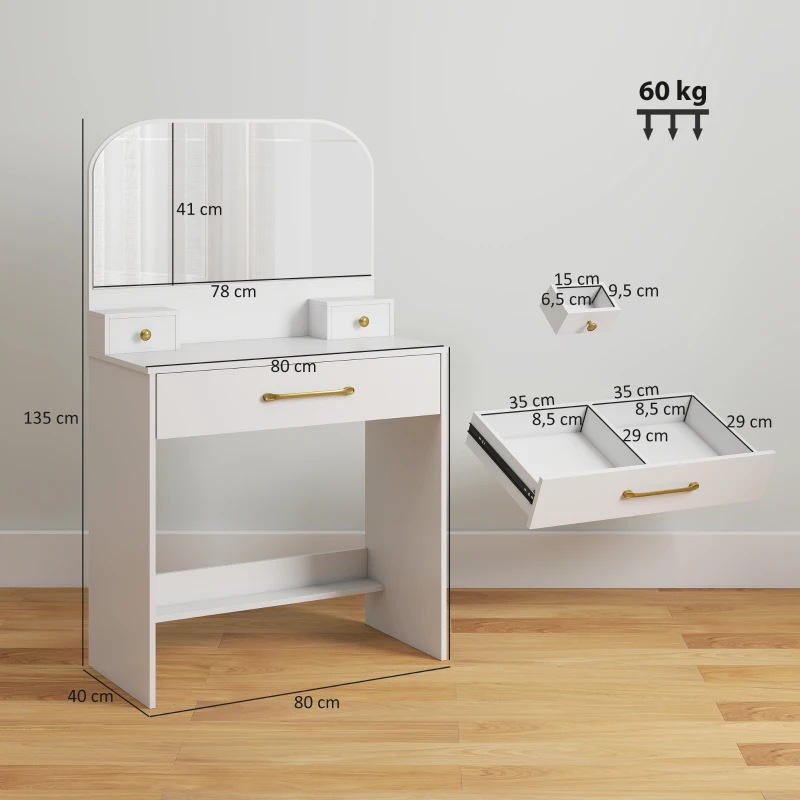 HOMCOM Make-uptafel met spiegel, compacte make-uptafel met 3 lades, Wit