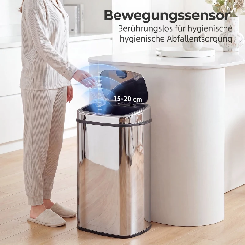 HOMCOM Sensor Mülleimer 68L Automatik Mülleimer mit Bewegungssensor, Wasserdichter Abfalleimer für Büro, Schlafzimmer, Küchen Edelstahl Silber
