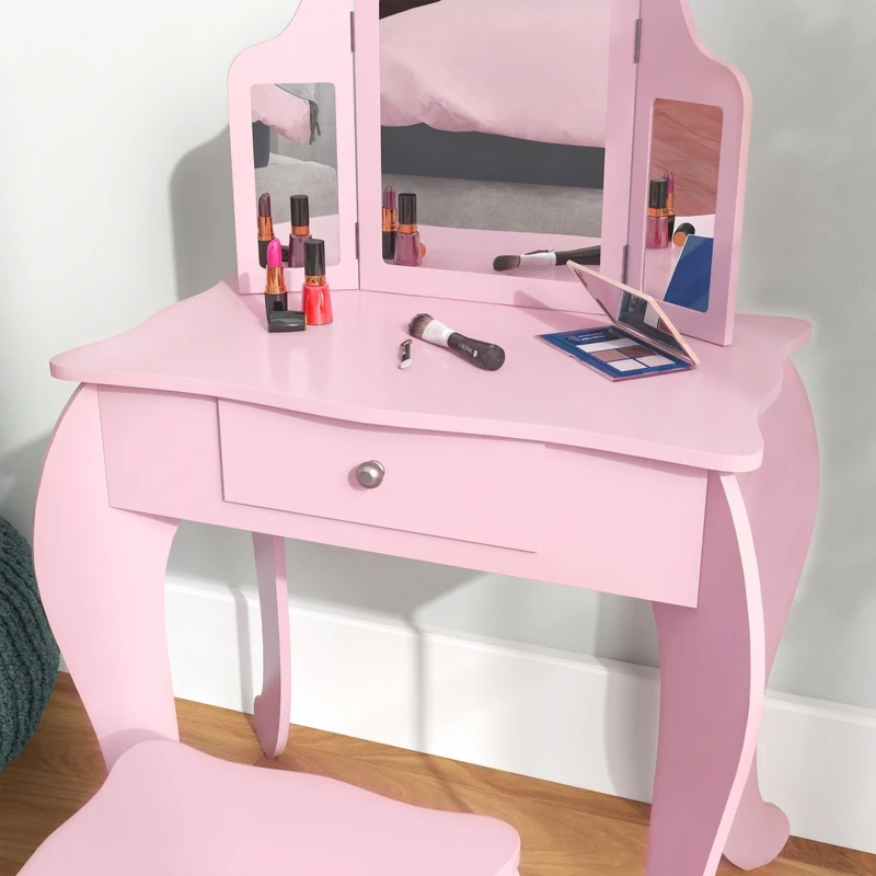 HOMCOM Tavolo da Trucco per Bambini con Sgabello e Triplo Specchio, in Legno e Acrilico, 63x40x85.5 cm, Rosa