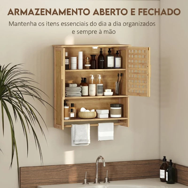 HOMCOM Armário de Casa de Banho de Parede em Bambu com 2 Portas Ripadas, Prateleira Aberta e Ajustável Natural