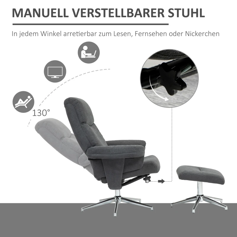 HOMCOM Relaxfauteuil met Voetenbank, Verstelbare Rugleuning, Fluweelachtig, Tot 150 kg, Antraciet
