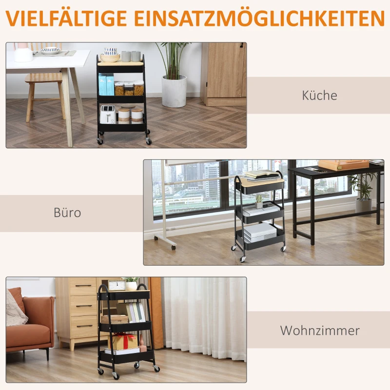 HOMCOM Rollwagen, Serveerwagen met 3 Mandplanken, Metaal, Kunststof, Zwart