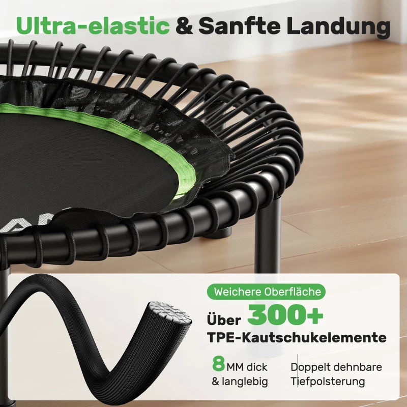 Rebounder-Trampolino per adulti, pieghevole, maniglione regolabile, pedane antiscivolo, 102x102x106 cm, Nero+Verde