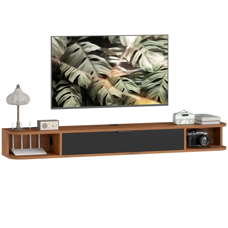 HOMCOM Wandhängendes TV-Möbel, TV-Bank für Fernseher bis 60 Zoll, Klappschublade, 2 Ablagen, 140x24x16cm, Nussbaum
