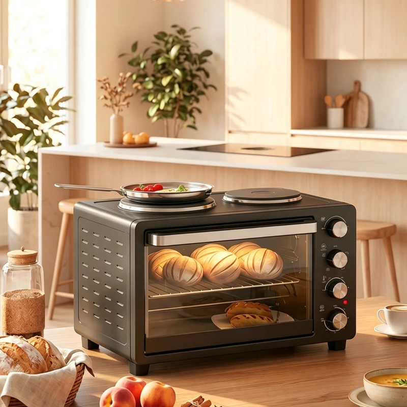 HOMCOM Forno Elétrico de Bancada 28L 2600W com Placas de Cozedura, Temperatura Ajustável, Temporizador e Tabuleiro, Preto