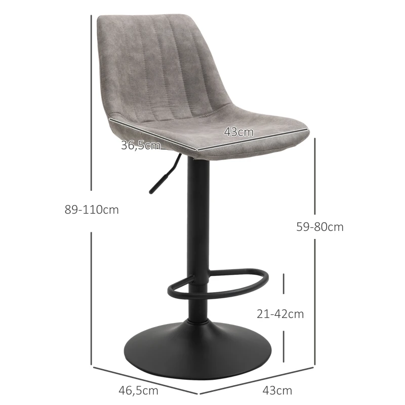 HOMCOM 2-delige set barkrukken in retrodesign, inclusief voetensteun, in hoogte verstelbaar, Gaslift, Grijs + Zwart