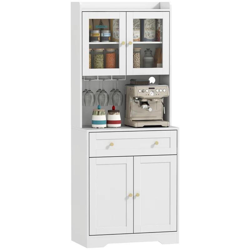 HOMCOM Keukenkast met werkblad, wijnglashouder, voorraadkast voor keuken, eetkamer, 170 cm, MDF, glas, wit(m-11)